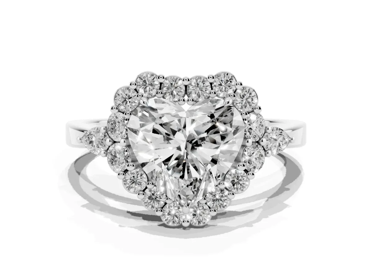 Heart Cut Diamond Halo Ring with Pear Side Stones and Prong Setting Silver