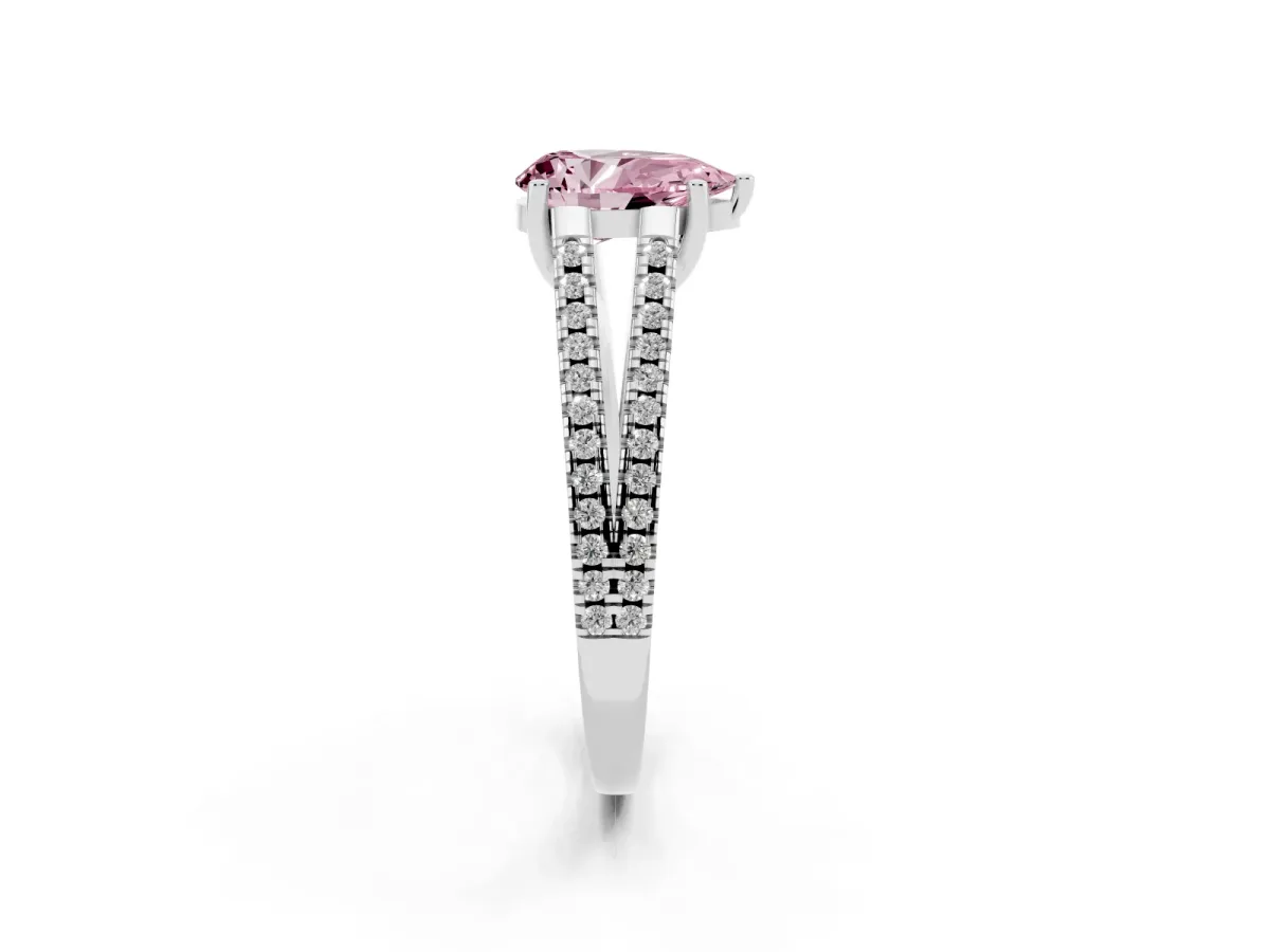 Fancy Pink Pear Cut Diamond Solitaire Engagement Ring with Split Shank Pavé Band Silver