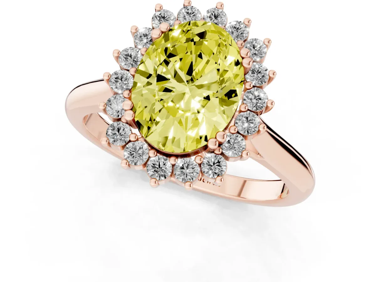 Fancy Yellow Oval Cut Cut Diamond Halo Ring with Solitaire Band and Prong Setting Rose gold