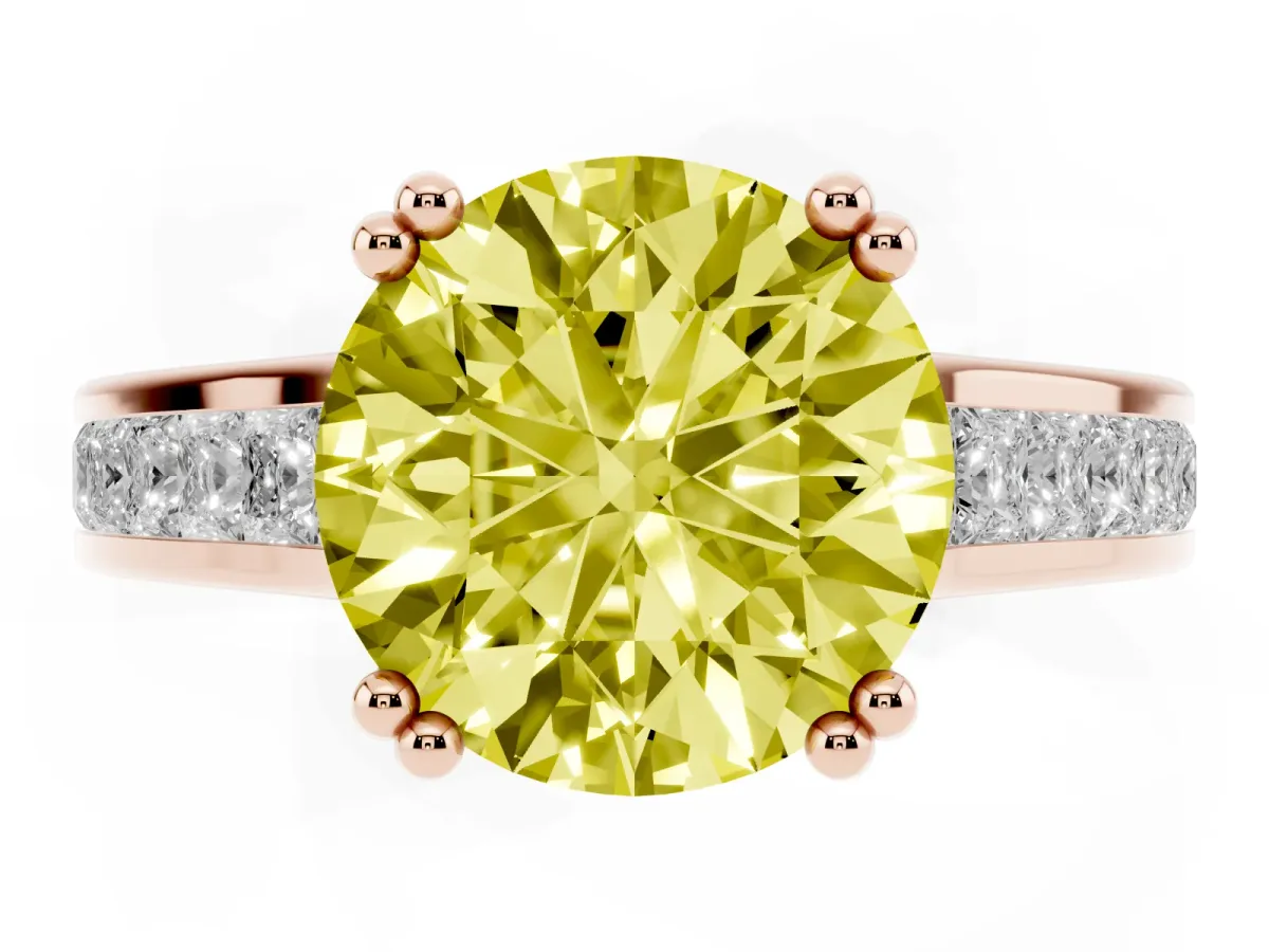 Fancy Yellow Round Cut Cut Channel Set Solitaire Engagement Ring with Prong Setting Rose gold