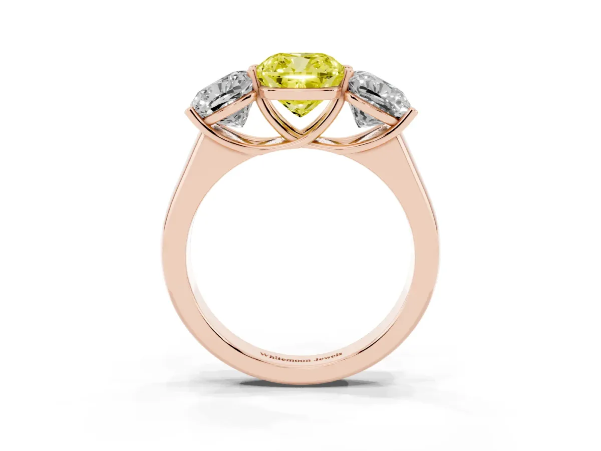 Fancy Yellow Cushion Cut Three-Stone Diamond Ring with Prong Setting on a Classic Band Rose gold