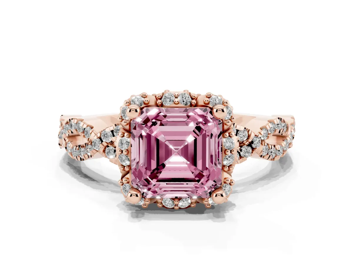 Fancy Pink Asscher Cut Halo Twist Band Solitaire Ring with Six-Prong Setting Rose gold