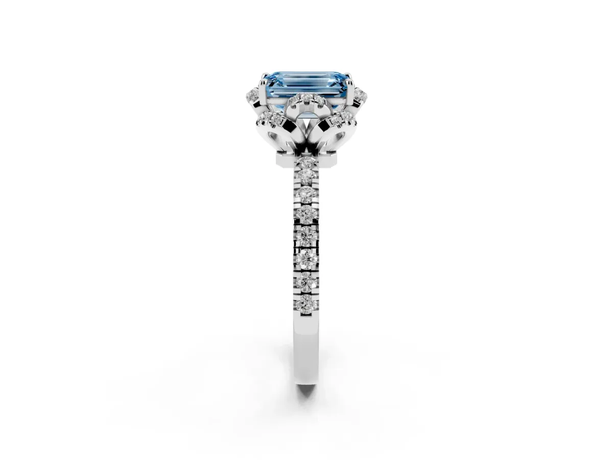 Fancy Blue Emerald Cut Halo Diamond Pave Band Ring with Four-Prong Setting Silver