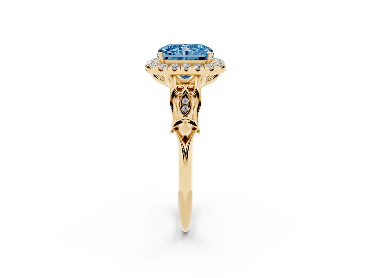 Fancy Blue Radiant Cut Halo Diamond Engagement Ring with Filigree Band and Four-Prong Setting Yellow gold