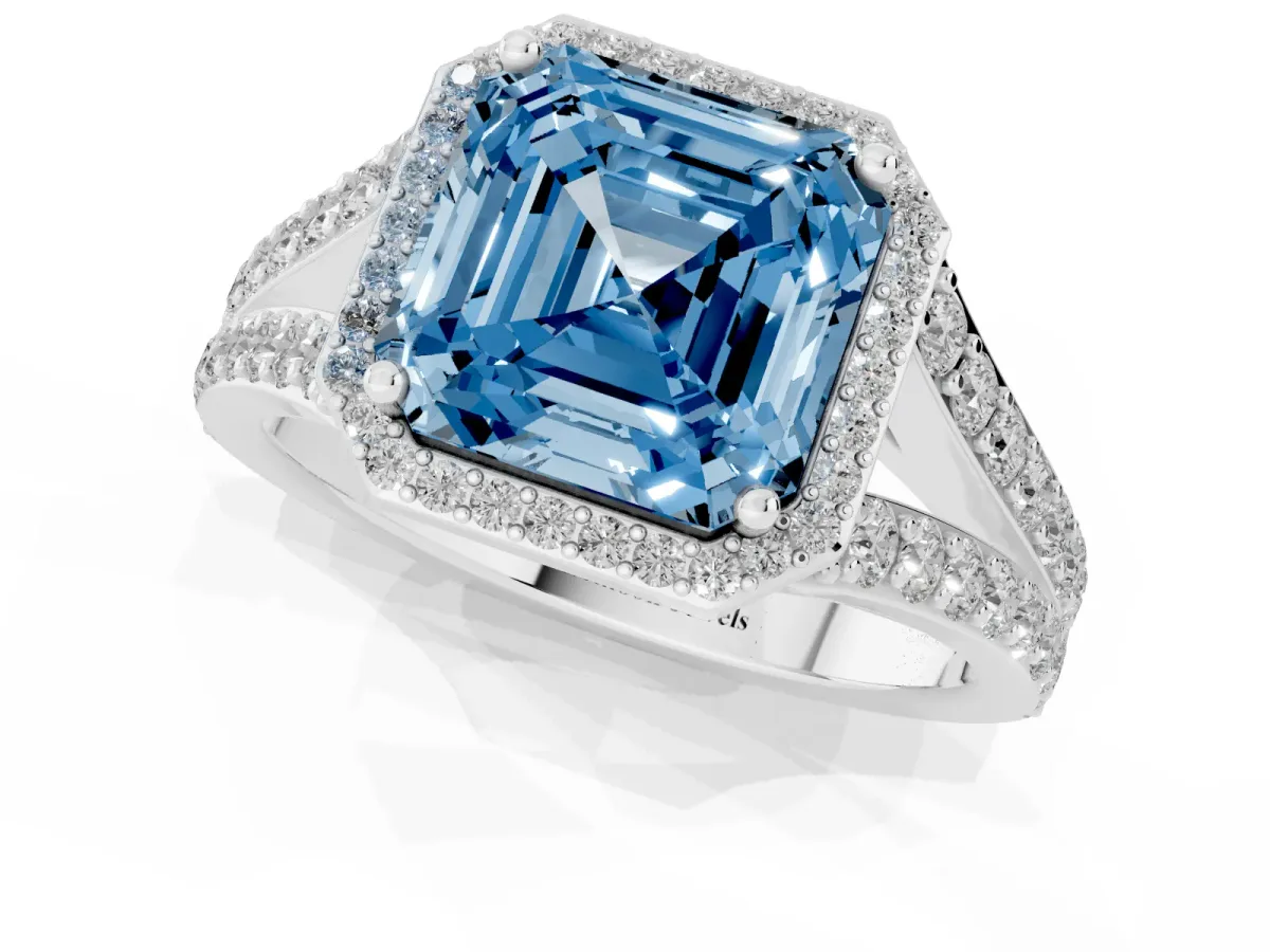 Fancy Blue Asscher Cut Diamond Split Shank Halo Ring with Four-Prong Setting Silver