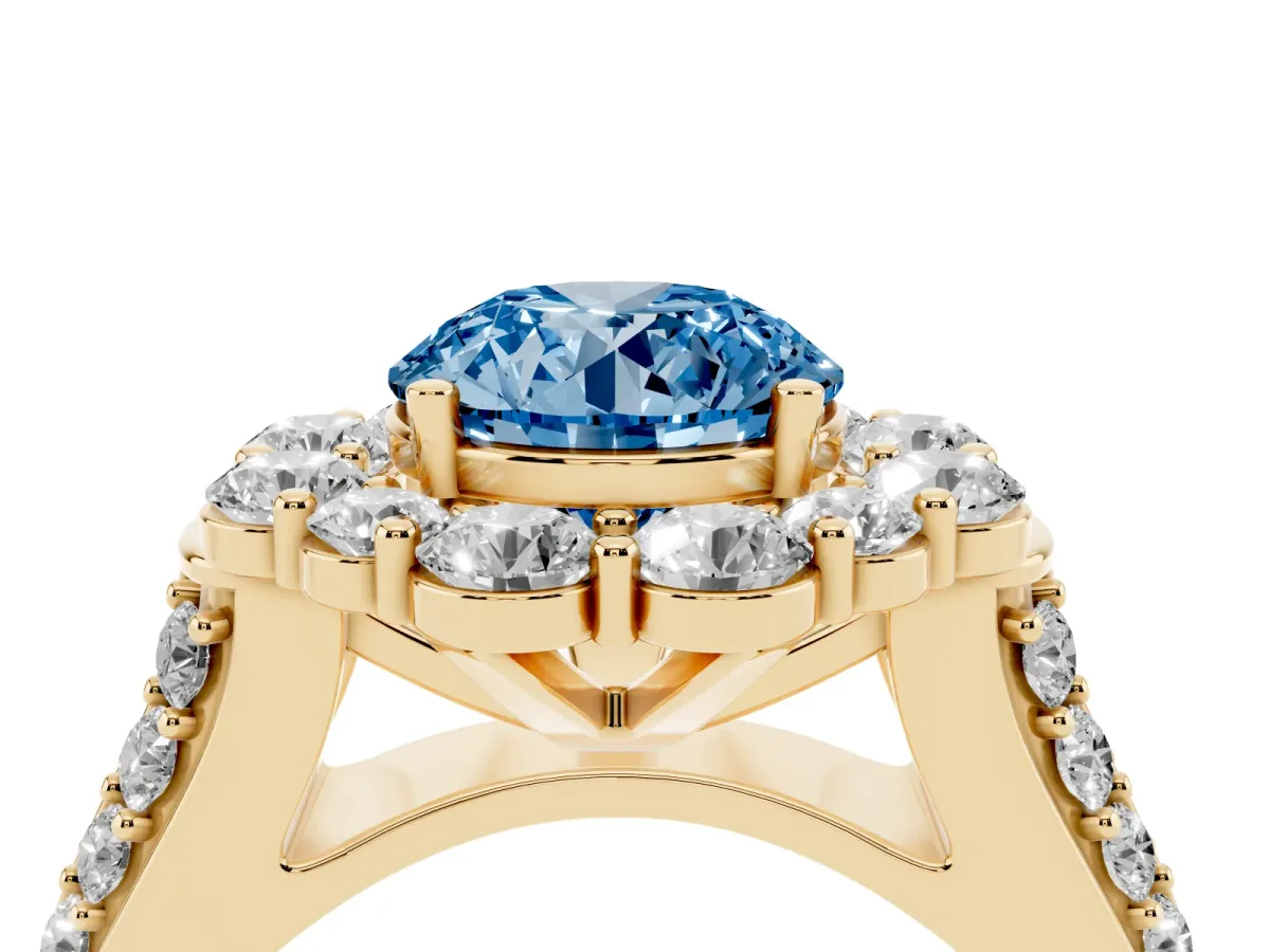 Fancy Blue Round Cut Halo Diamond Engagement Ring with Split Shank and Prong Setting Yellow gold