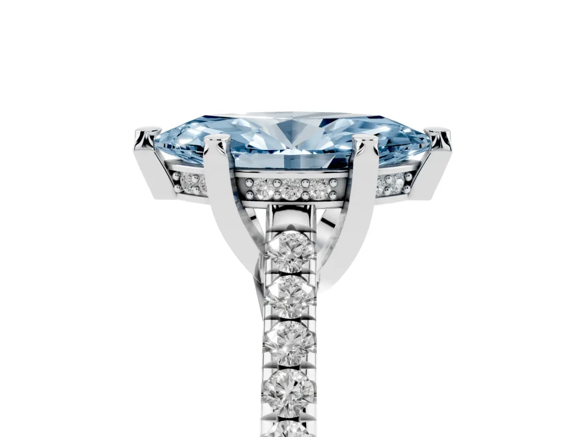 Fancy Blue Marquise Cut Brilliant Diamond Solitaire with Pavé Band and Four-Prong Setting Silver