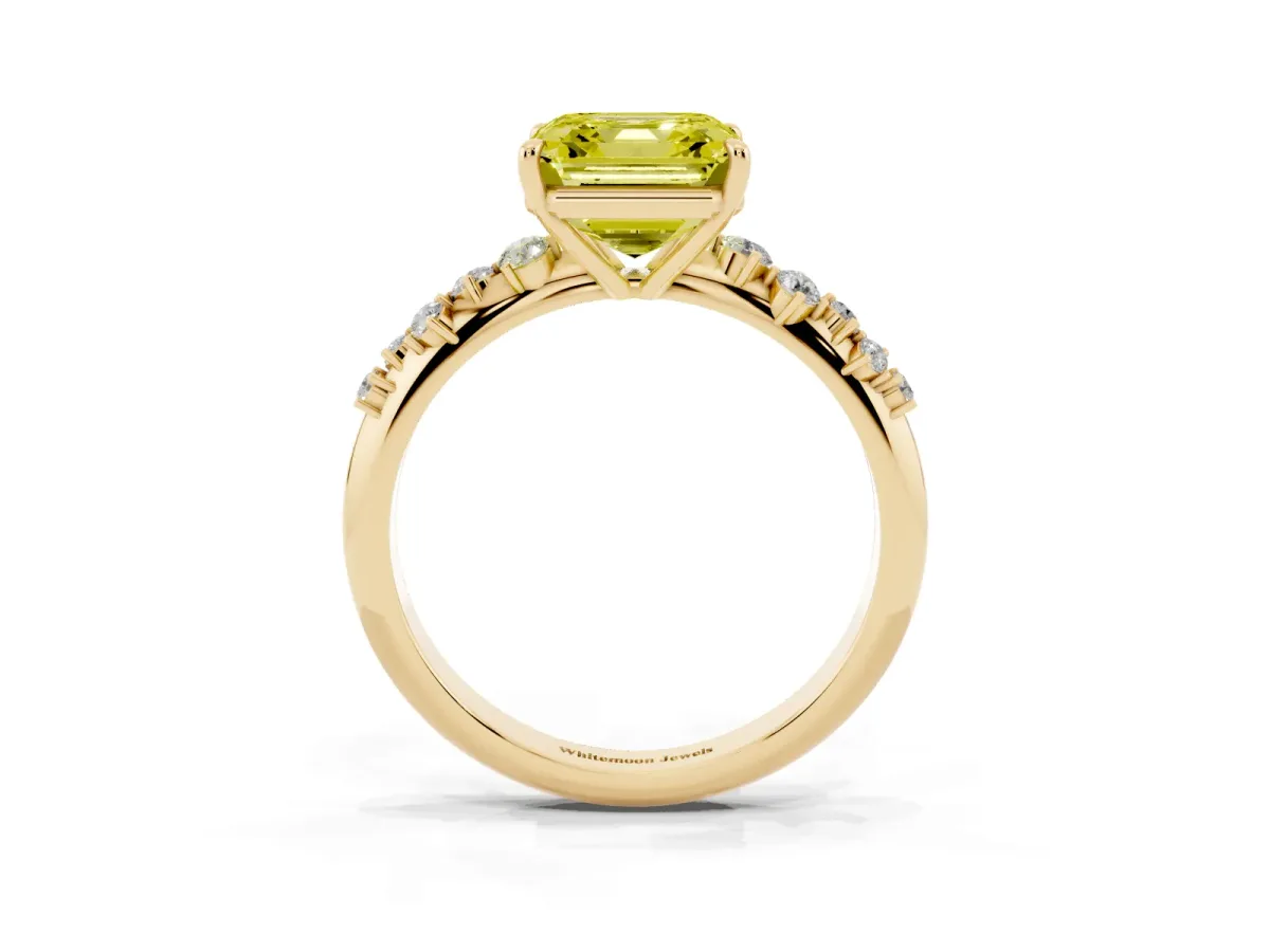 Fancy Yellow Asscher Cut Diamond Cluster Side Stone Solitaire Ring with Prong Setting Yellow gold