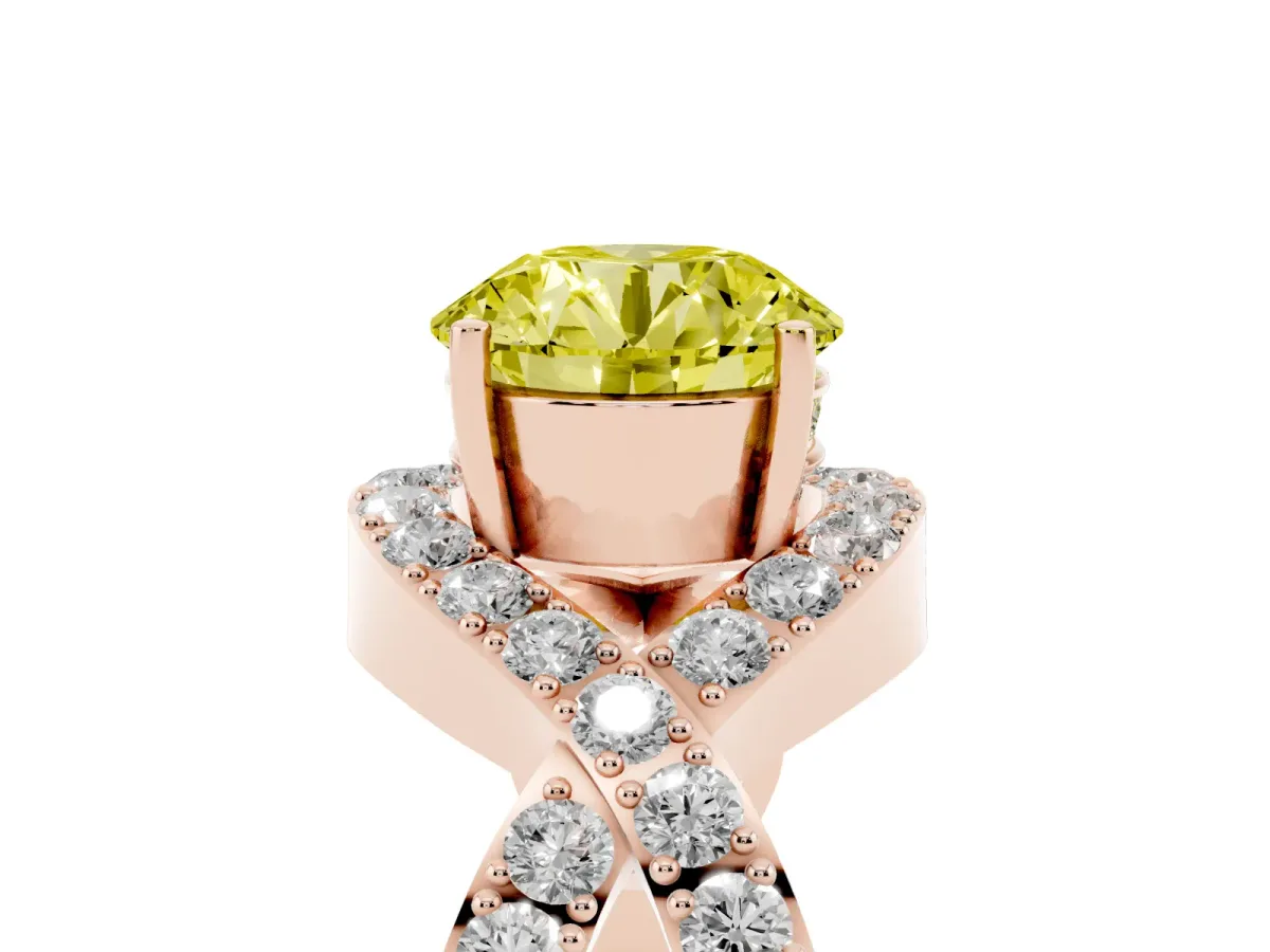 Fancy Yellow Round Cut Solitaire Twist Band Pavé Diamond Engagement Ring Rose gold