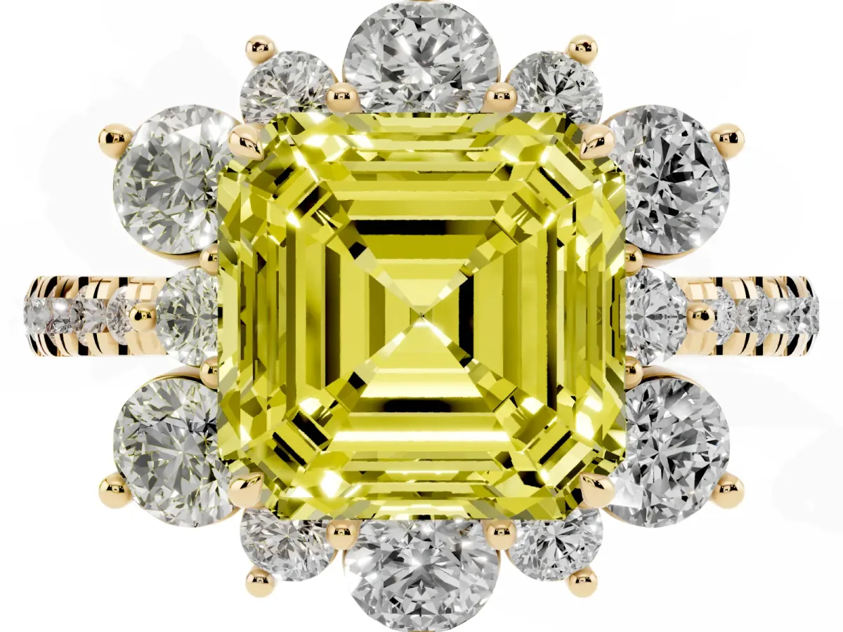 Fancy Yellow Asscher Cut Diamond Floral Halo Ring with Round Pavé Band and Prong Setting Yellow gold