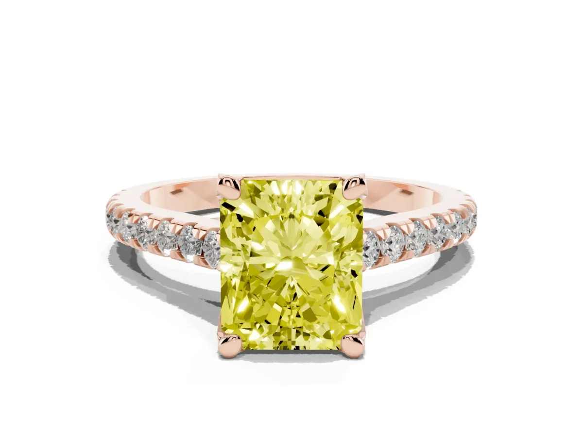 Fancy Yellow Radiant Cut Brilliant Diamond Solitaire with Pavé Band and Four-Prong Setting Rose gold