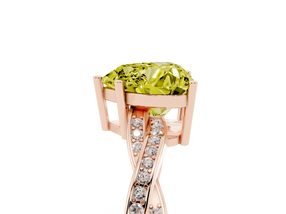 Fancy Yellow Heart Cut Solitaire Twisted Pave Diamond Ring with Four-Prong Setting Rose gold