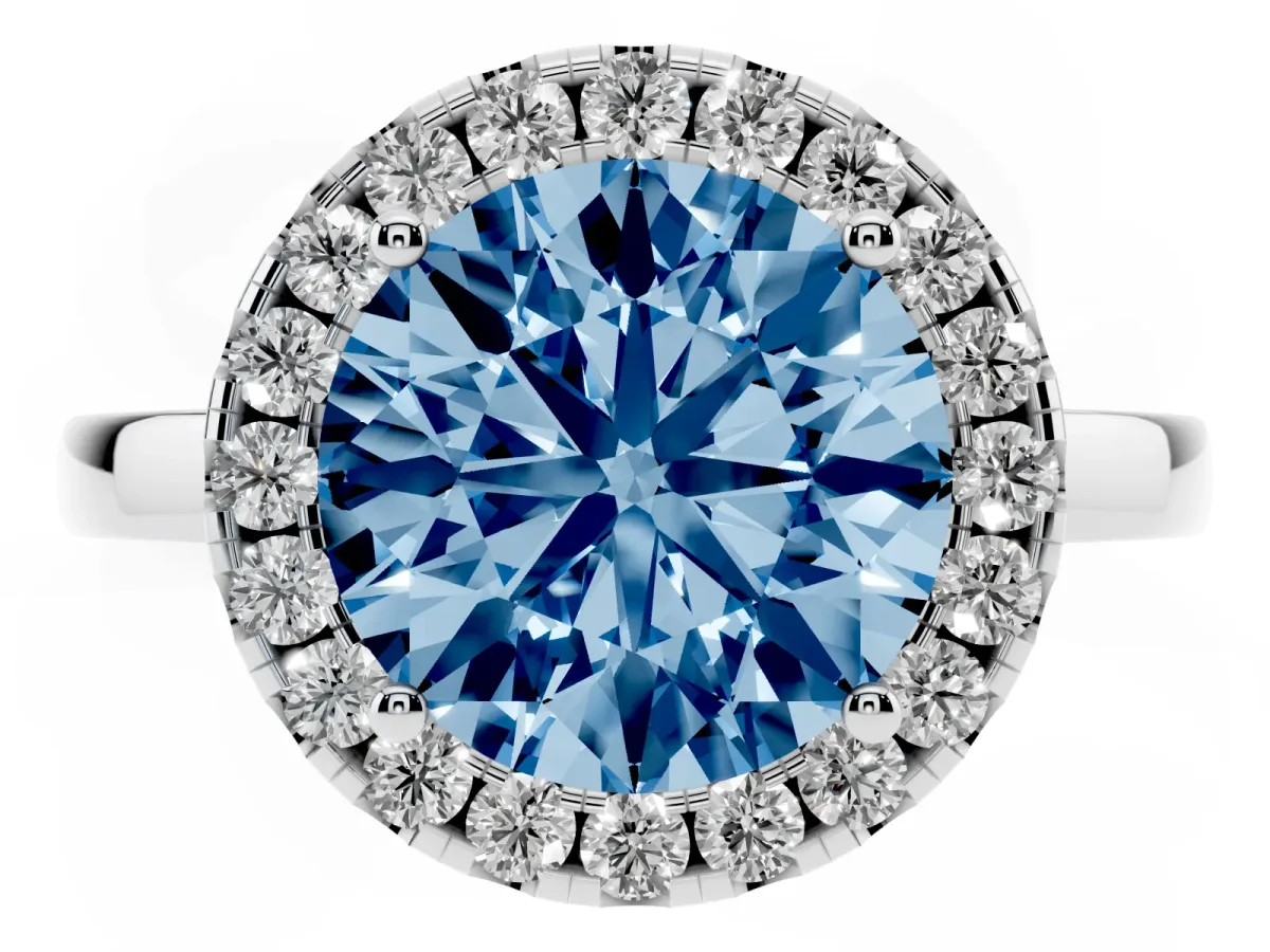 Fancy Blue Round Cut Halo Diamond Solitaire with Pavé Band and Four-Prong Setting Silver