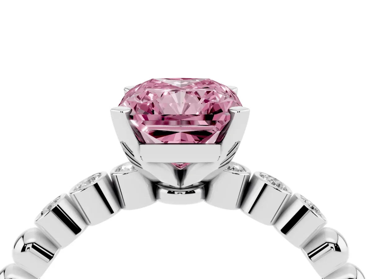 Fancy Pink Radiant Cut Solitaire Bezel Accent Diamond Engagement Ring with Beaded Band and Four-Prong Setting Silver
