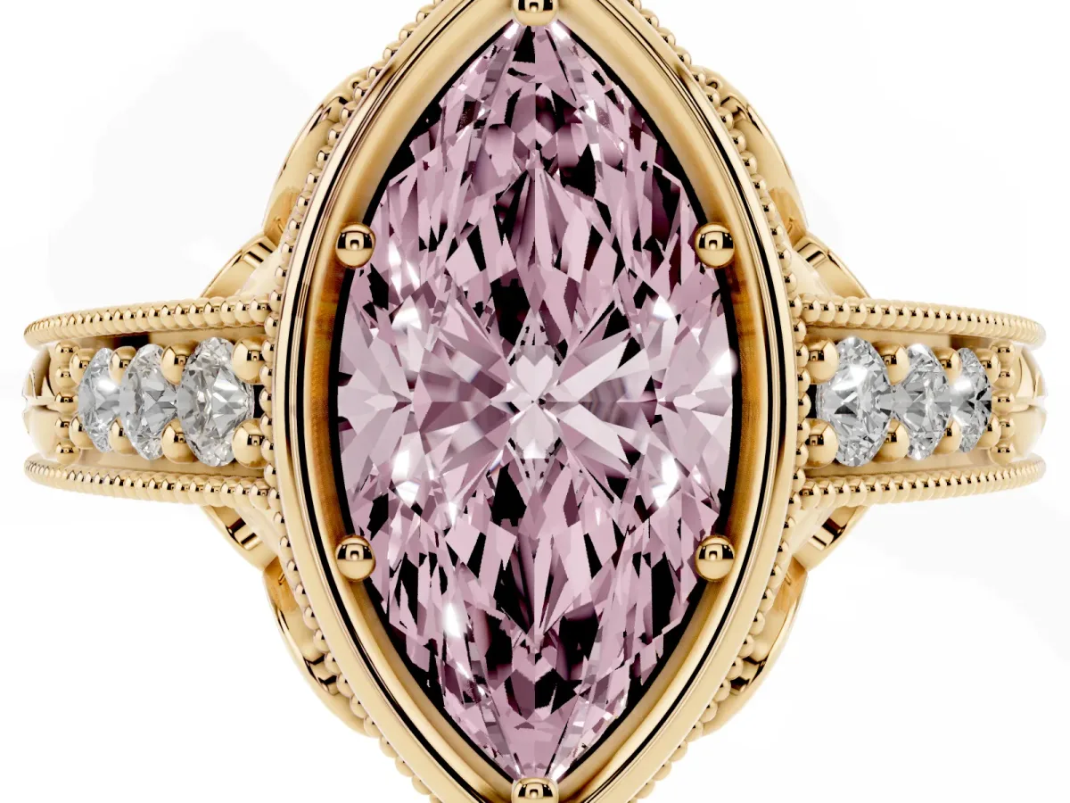 Fancy Pink Bezel Set Marquise Cut Diamond Milgrain Pave Engagement Ring Yellow gold