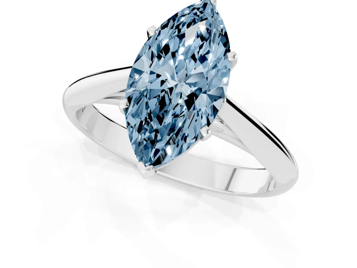 Fancy Blue Marquise Cut Diamond Solitaire Engagement Ring with Cathedral Setting and Four-Prong Mount White gold