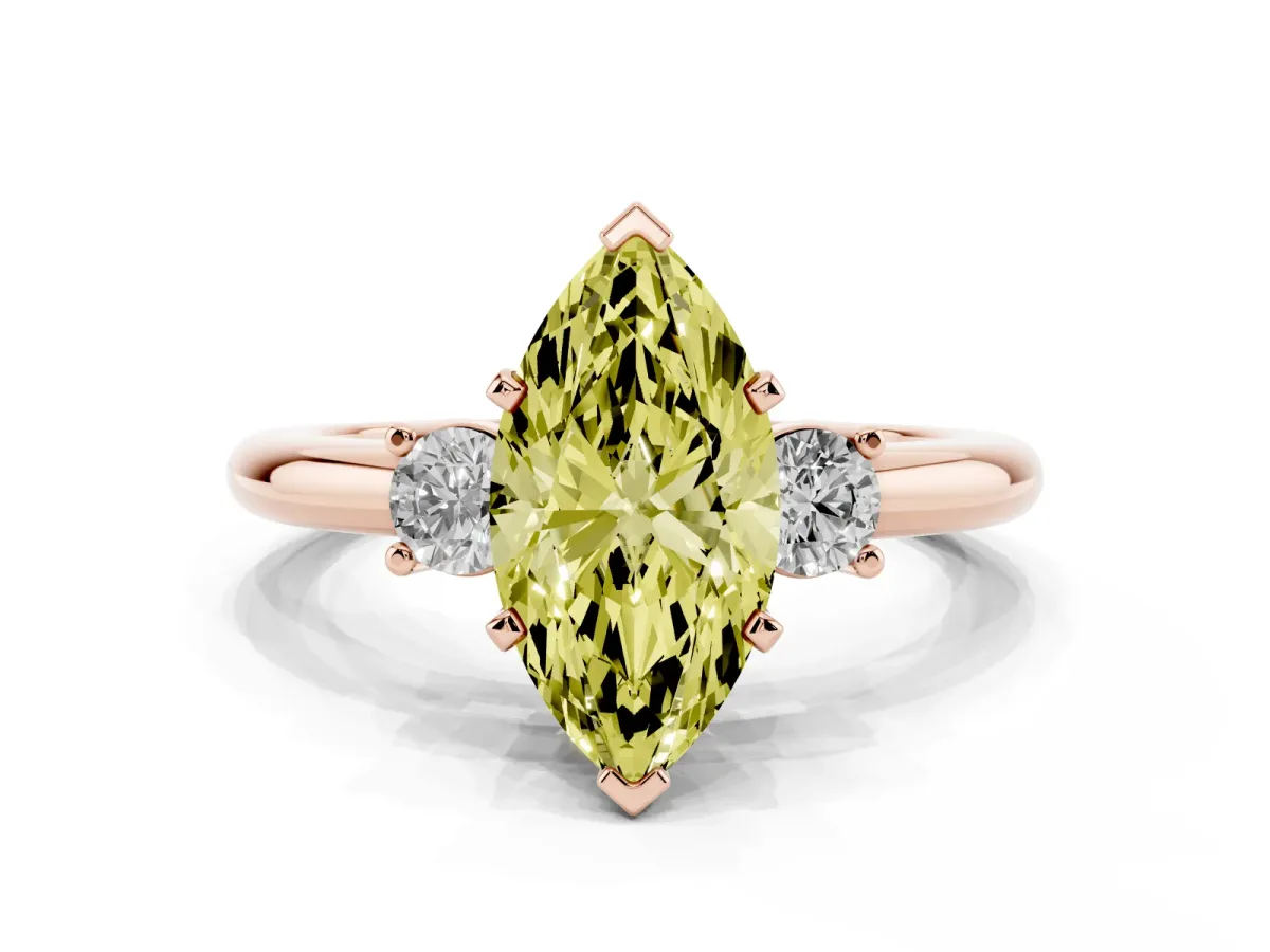 Fancy Yellow Three-Stone Marquise Cut Cut Diamond Solitaire with Prong Setting and Classic Band Rose gold
