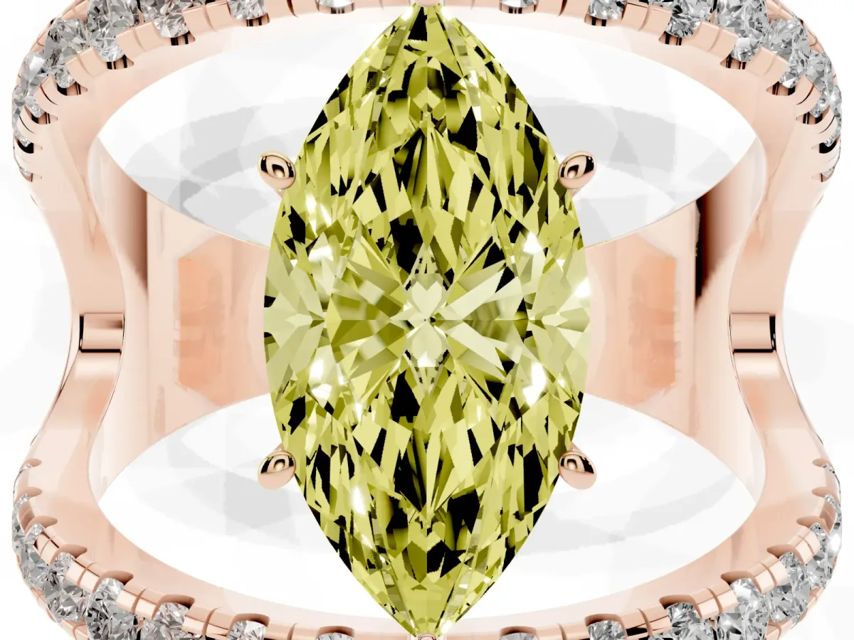 Fancy Yellow Marquise Cut Solitaire Split Shank Pave Diamond Ring Rose gold