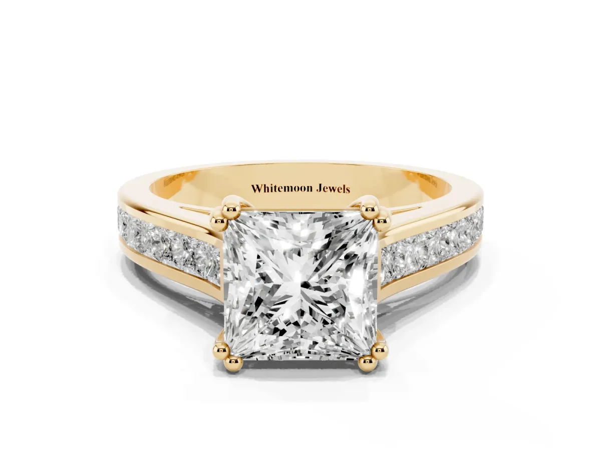 Princess Cut Cut Channel Set Solitaire Engagement Ring with Prong Setting Yellow gold