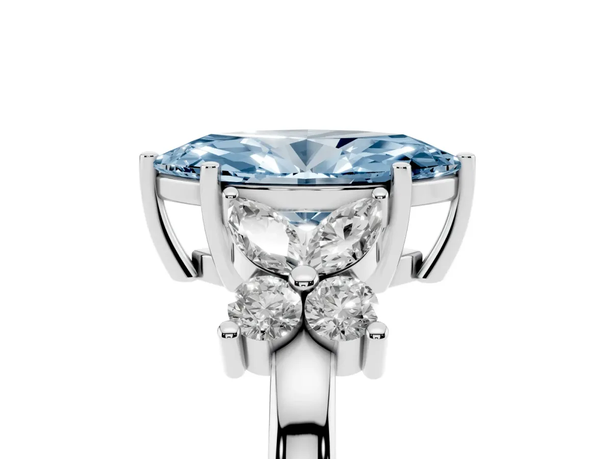 Fancy Blue Marquise Cut Diamond Floral Cluster Ring with Solitaire Band and Prong Setting Silver