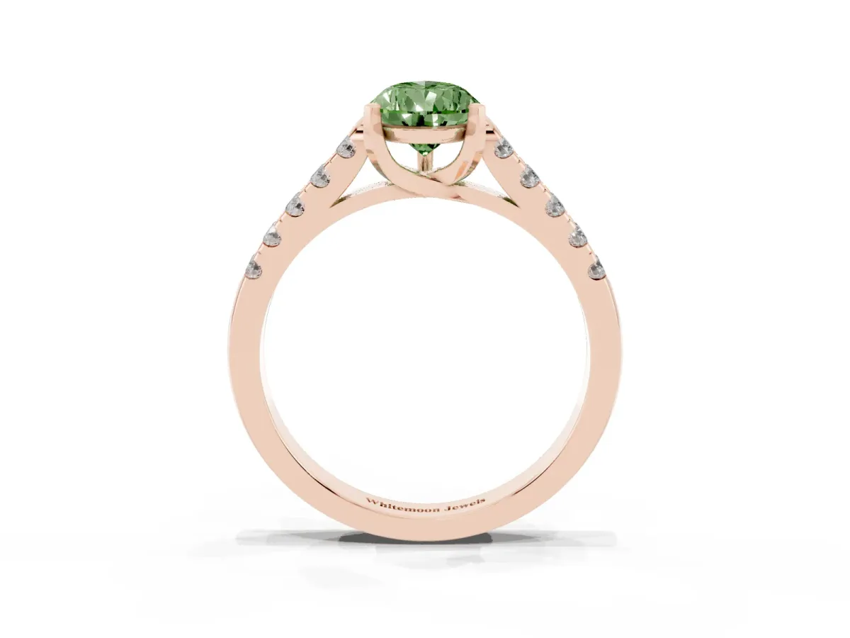 Fancy Green Pear Cut Diamond Pavé Band Solitaire Ring with Prong Setting Rose gold