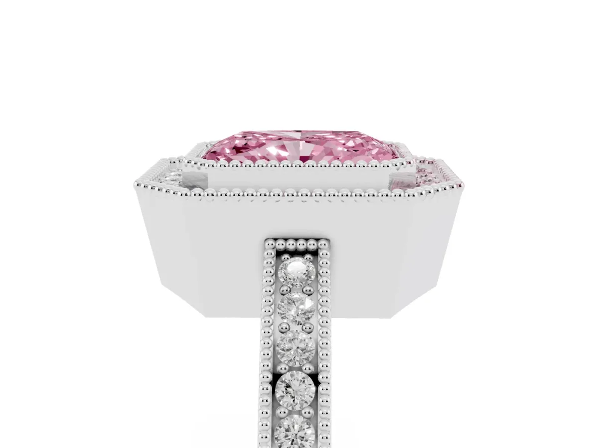 Fancy Pink Radiant Cut Cut Halo Diamond Ring with Pavé Band and Milgrain Prong Setting Platinum