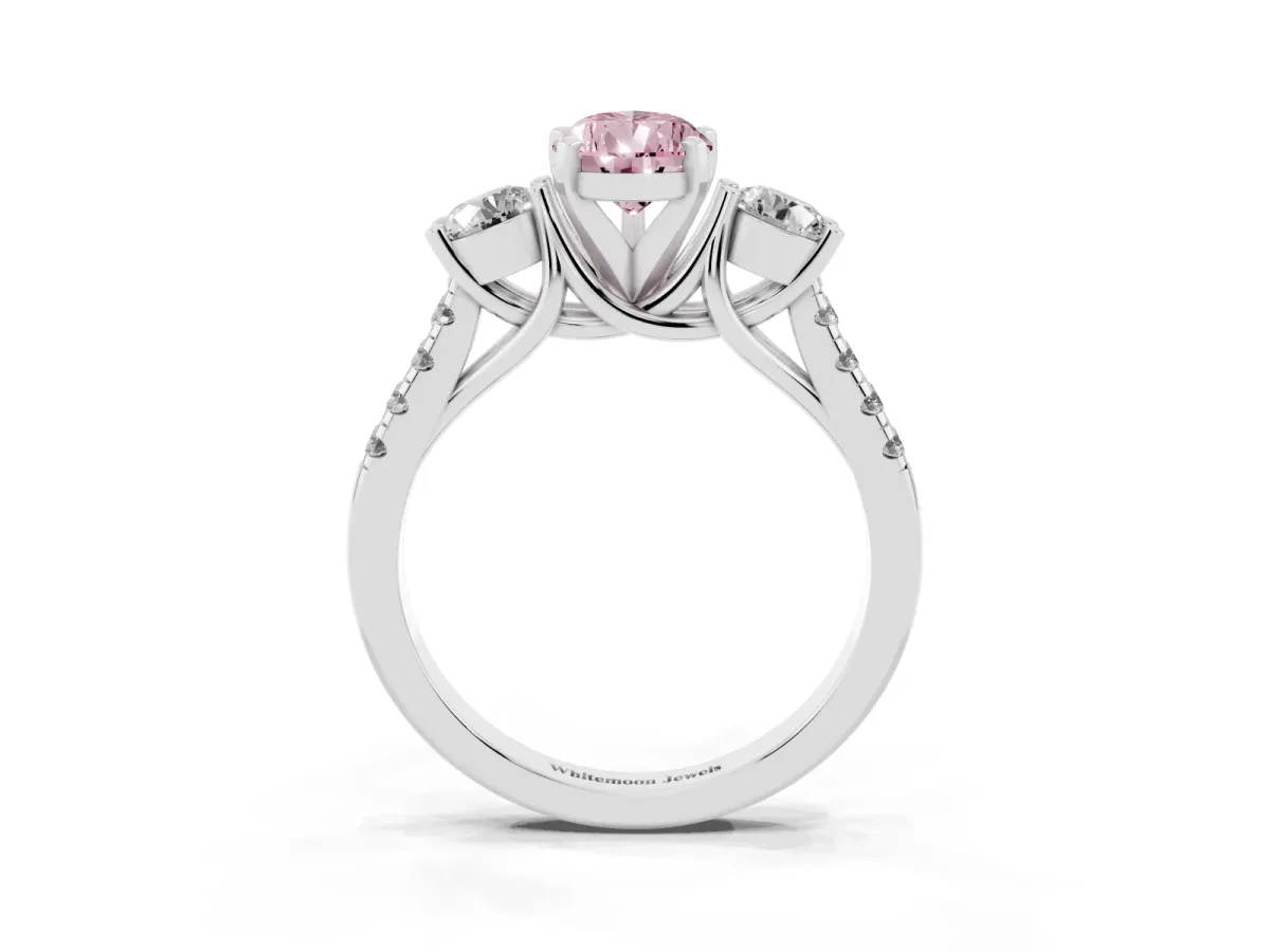 Fancy Pink Three-Stone Pear Cut Diamond Pavé Band with Four-Prong Setting Platinum