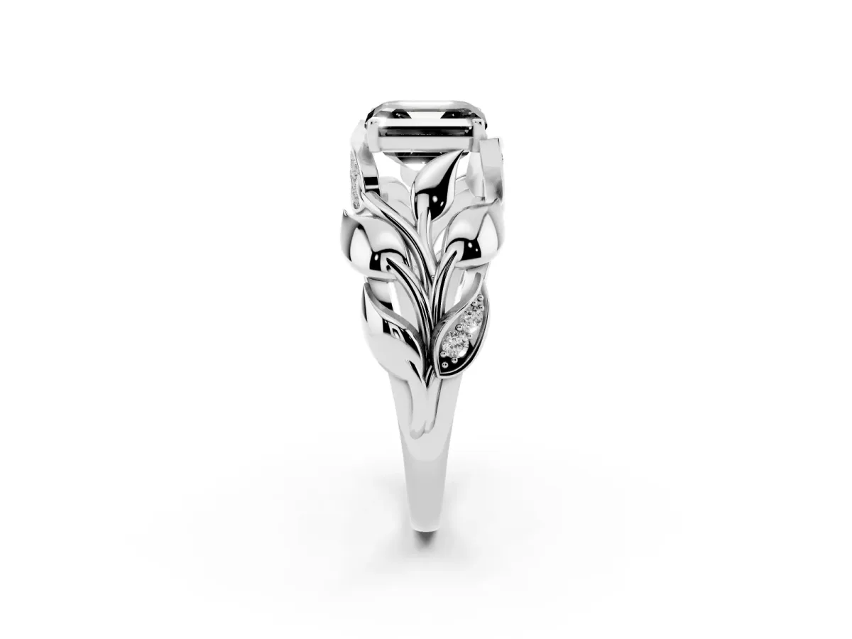 Fancy Black Asscher Cut Diamond Leaf-Inspired Engagement Ring with Round Accents and Prong Setting Silver