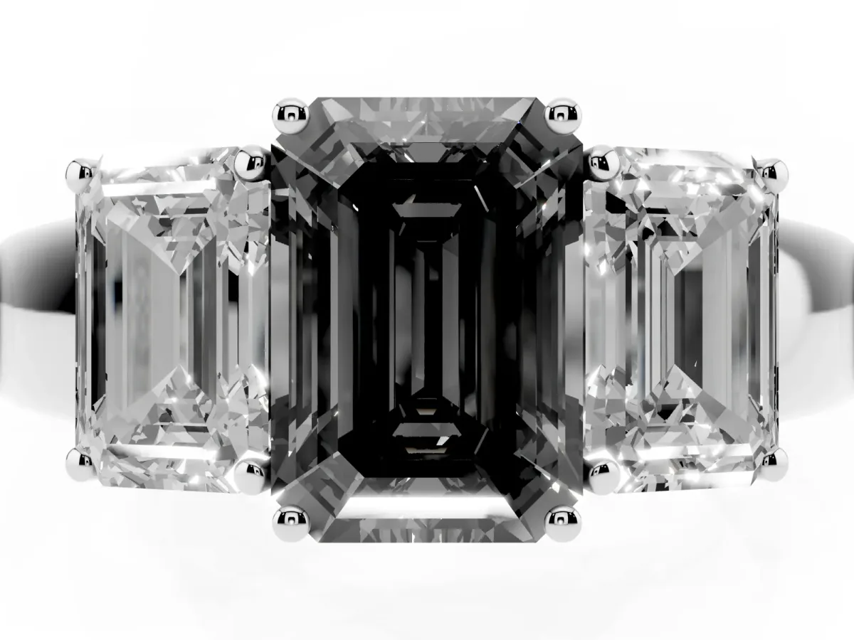 Fancy Black Three-Stone Emerald Cut Cut Diamond Ring with Prong Setting and Classic Band Silver