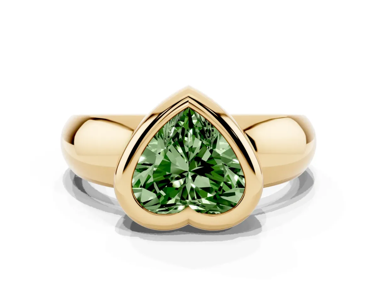 Fancy Green Bezel Set Heart Cut Solitaire Ring with Wide Band Yellow gold