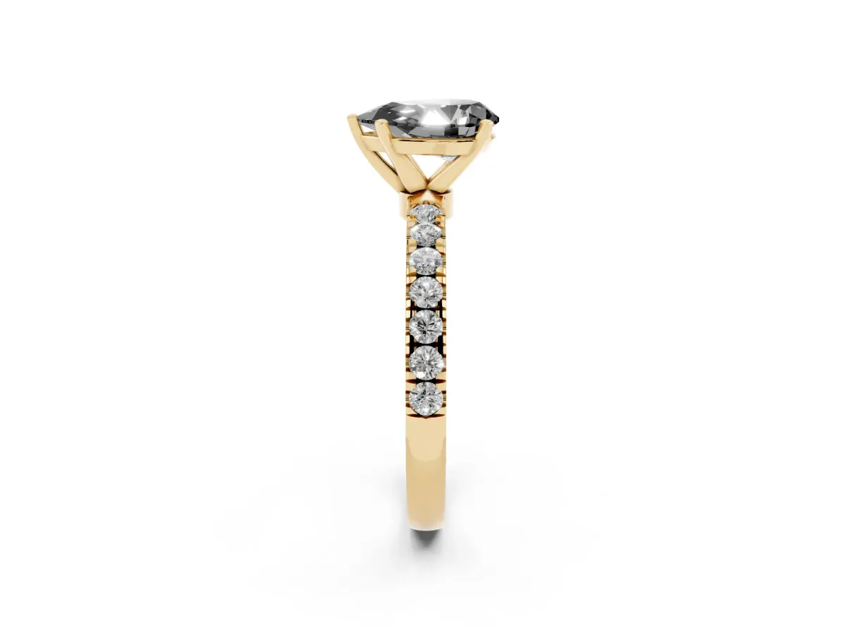 Fancy Black Pear Cut Diamond Solitaire Ring with Pavé Accents and Four-Prong Setting Yellow gold