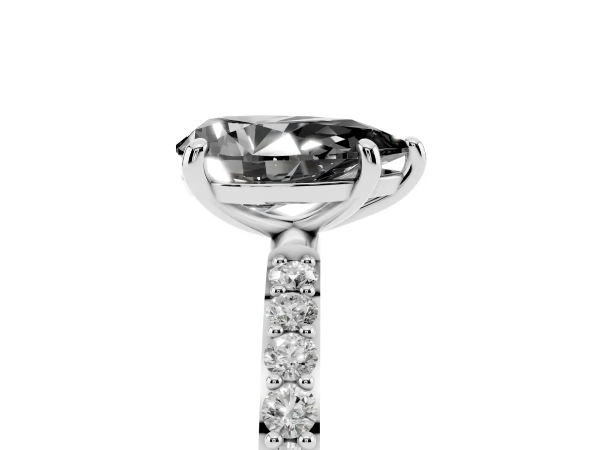 Fancy Black Pear Cut Diamond Solitaire Ring with Round Pavé Band and Prong Setting Platinum