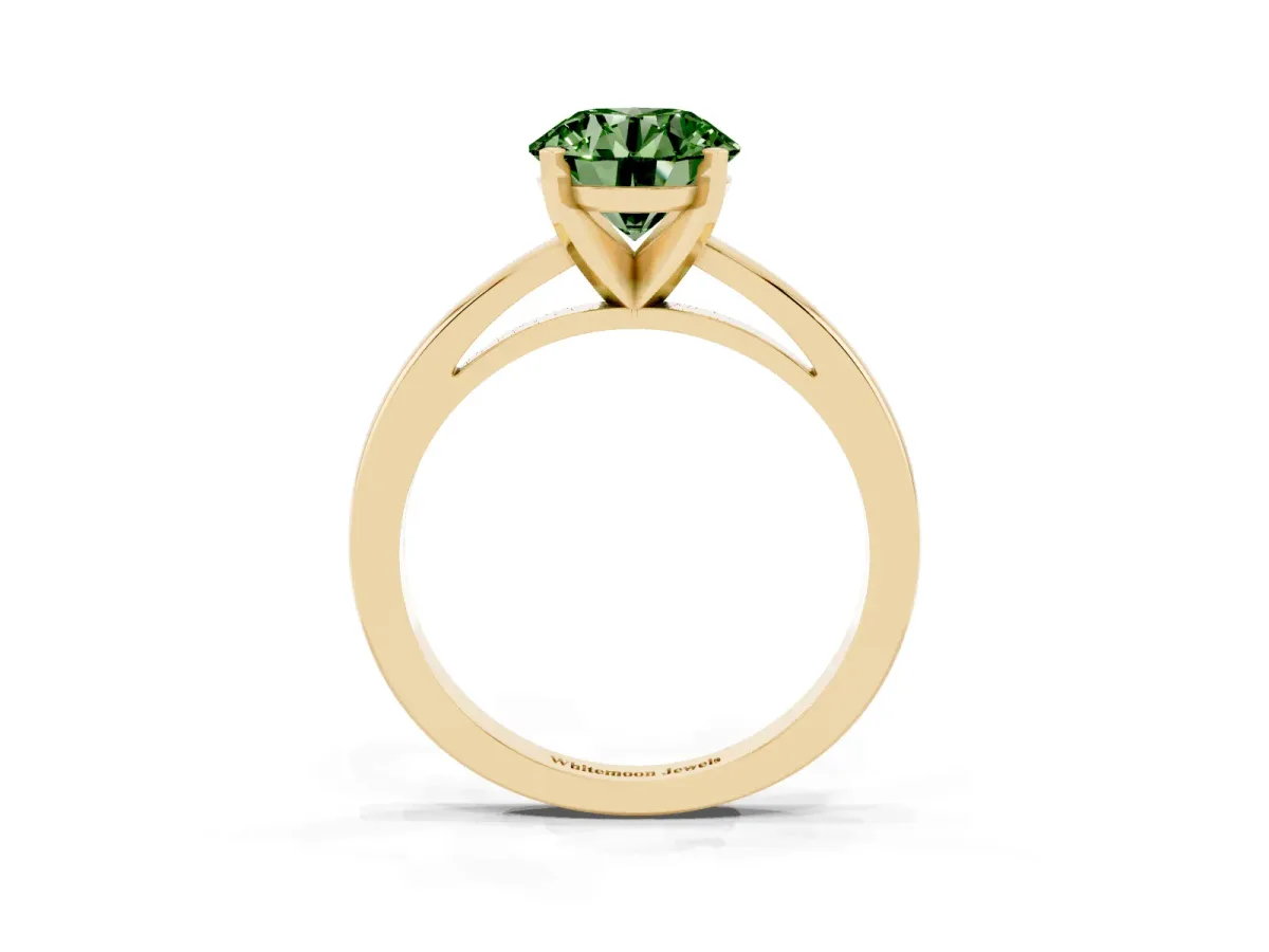 Fancy Green Round Cut Solitaire Diamond Engagement Ring with Four-Prong Setting on a Classic Band Yellow gold