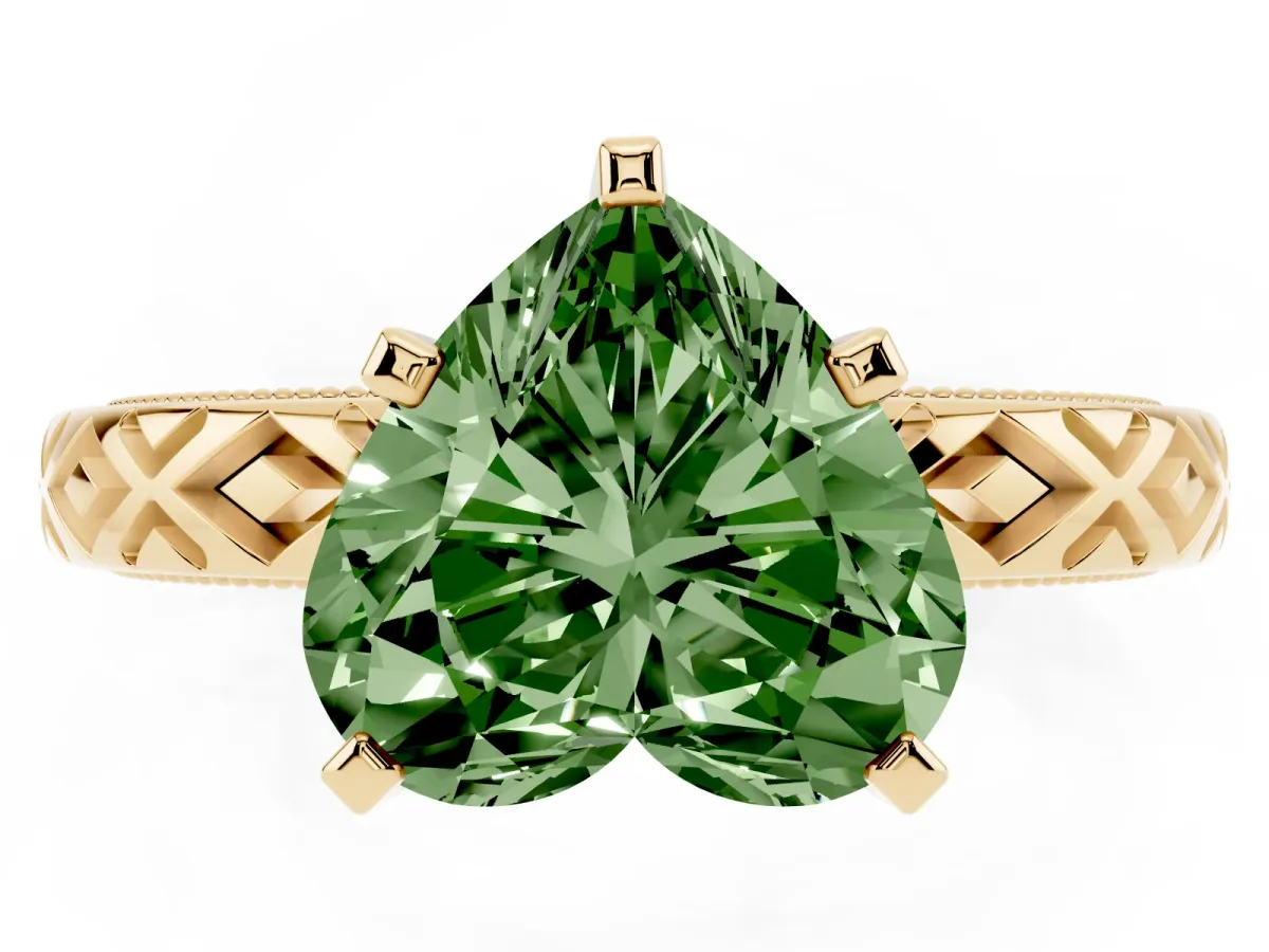 Fancy Green Heart Cut Solitaire Diamond Ring with Milgrain and Black Enamel X Pattern Band Yellow gold