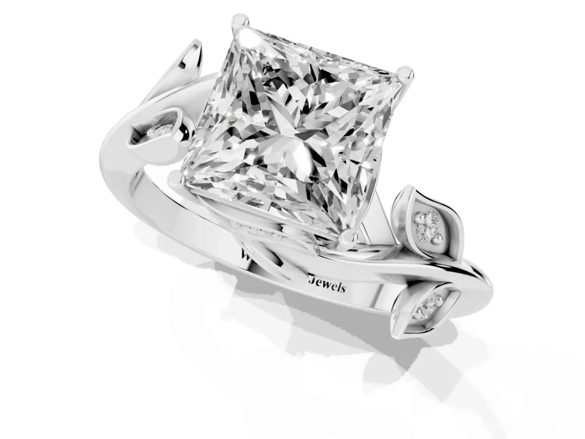 Princess Cut Solitaire Twist Engagement Ring with Leaf Accents and Prong Setting Silver