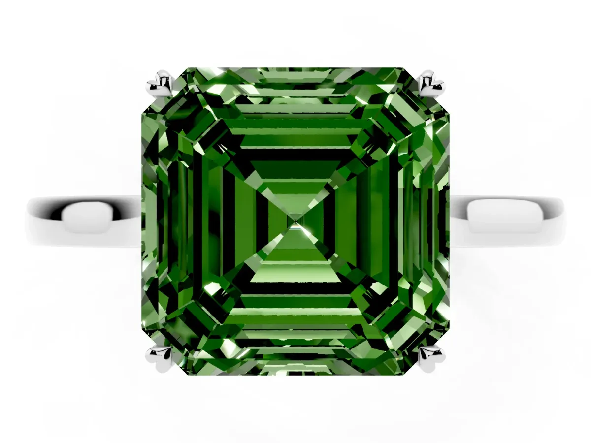 Fancy Green Asscher Cut Solitaire Heart Prong Engagement Ring with Tapered Band Silver