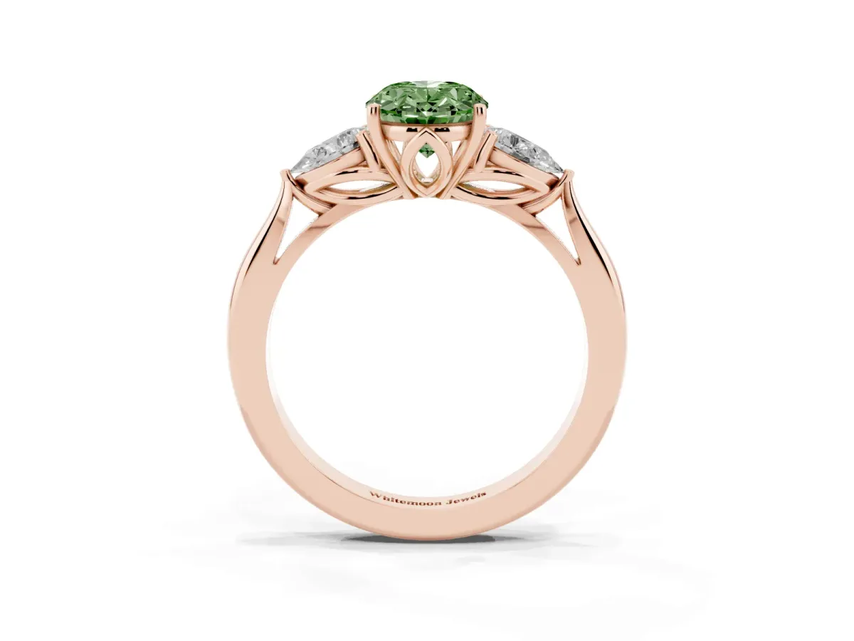 Fancy Green Three-Stone Oval Cut Brilliant Diamond Solitaire Ring with Tapered Band and Four-Prong Setting Rose gold