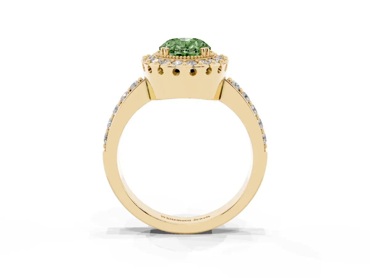 Fancy Green Oval Cut Diamond Halo Ring with Pavé Band and Prong Setting Yellow gold