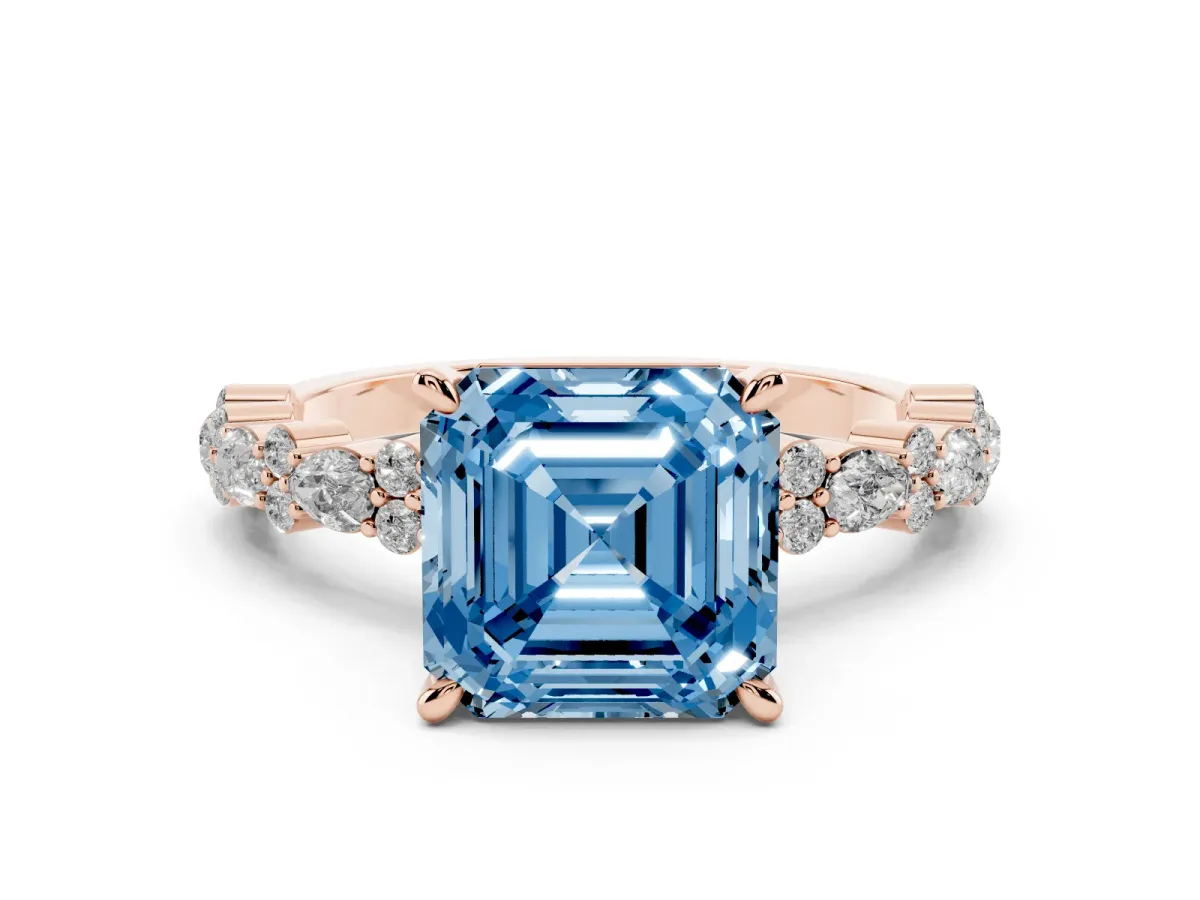 Fancy Blue Asscher Cut Diamond Side Stone Solitaire Ring with Round and Four-Prong Setting Rose gold