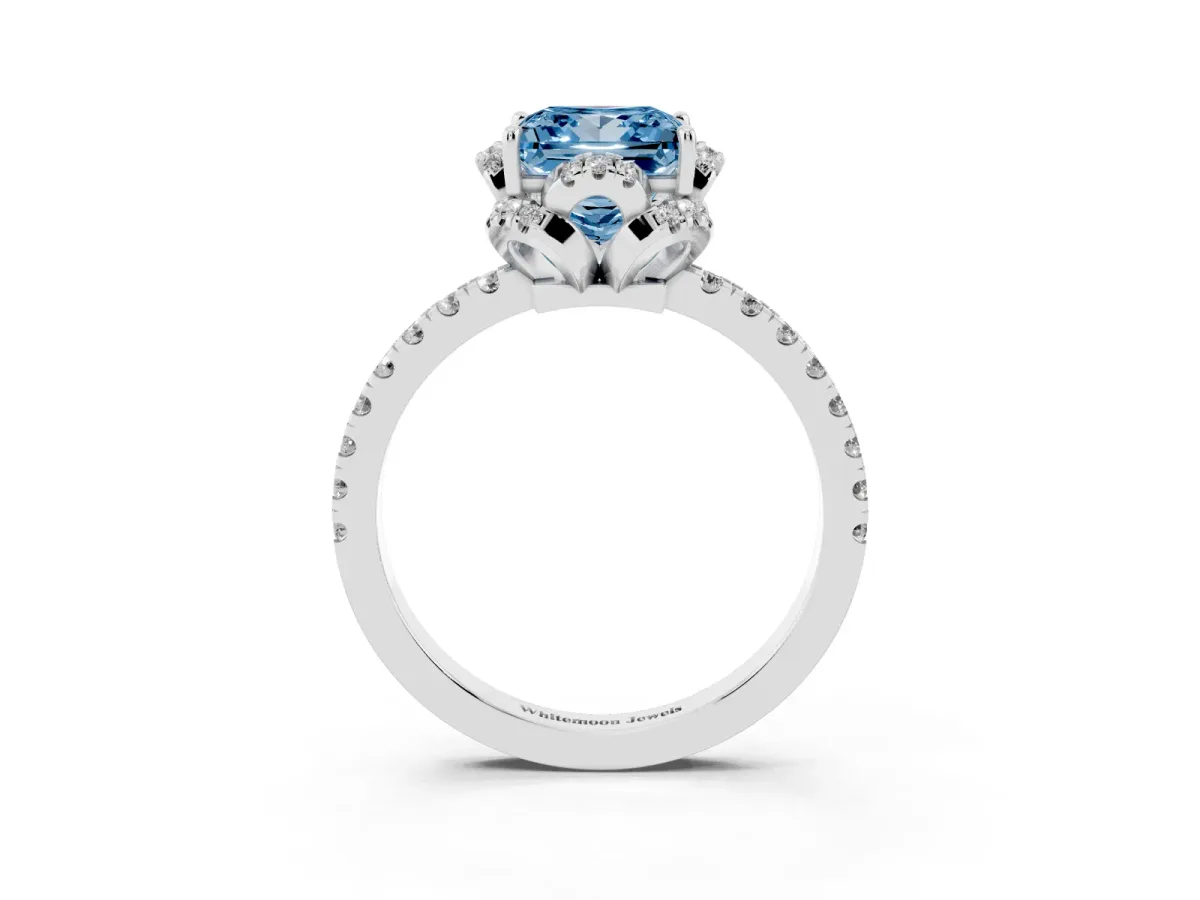 Fancy Blue Princess Cut Diamond Halo Pave Band with Four-Prong Setting Silver
