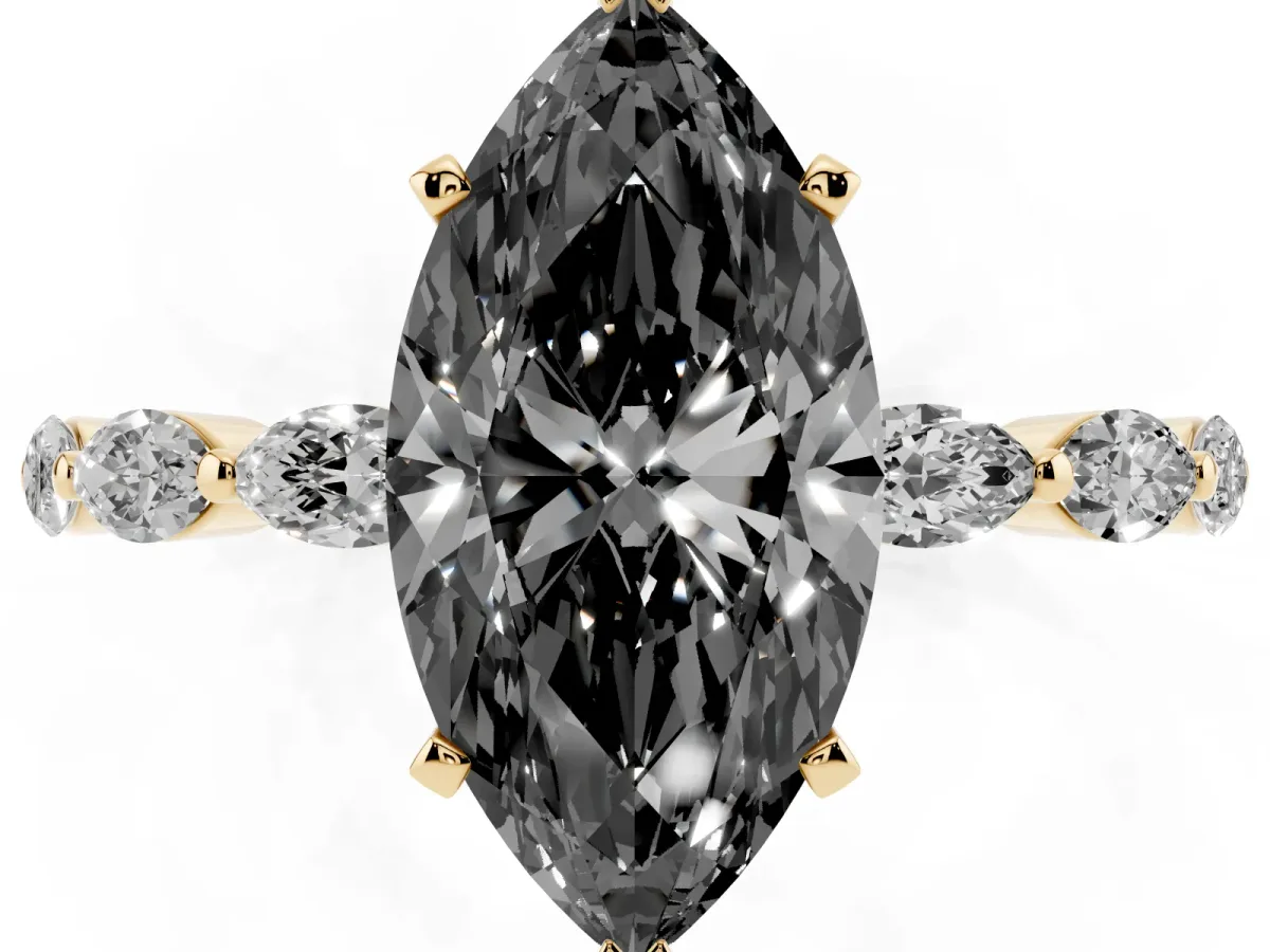 Fancy Black Marquise Cut Diamond Ring with Marquise Side Stones and Prong Setting Yellow gold