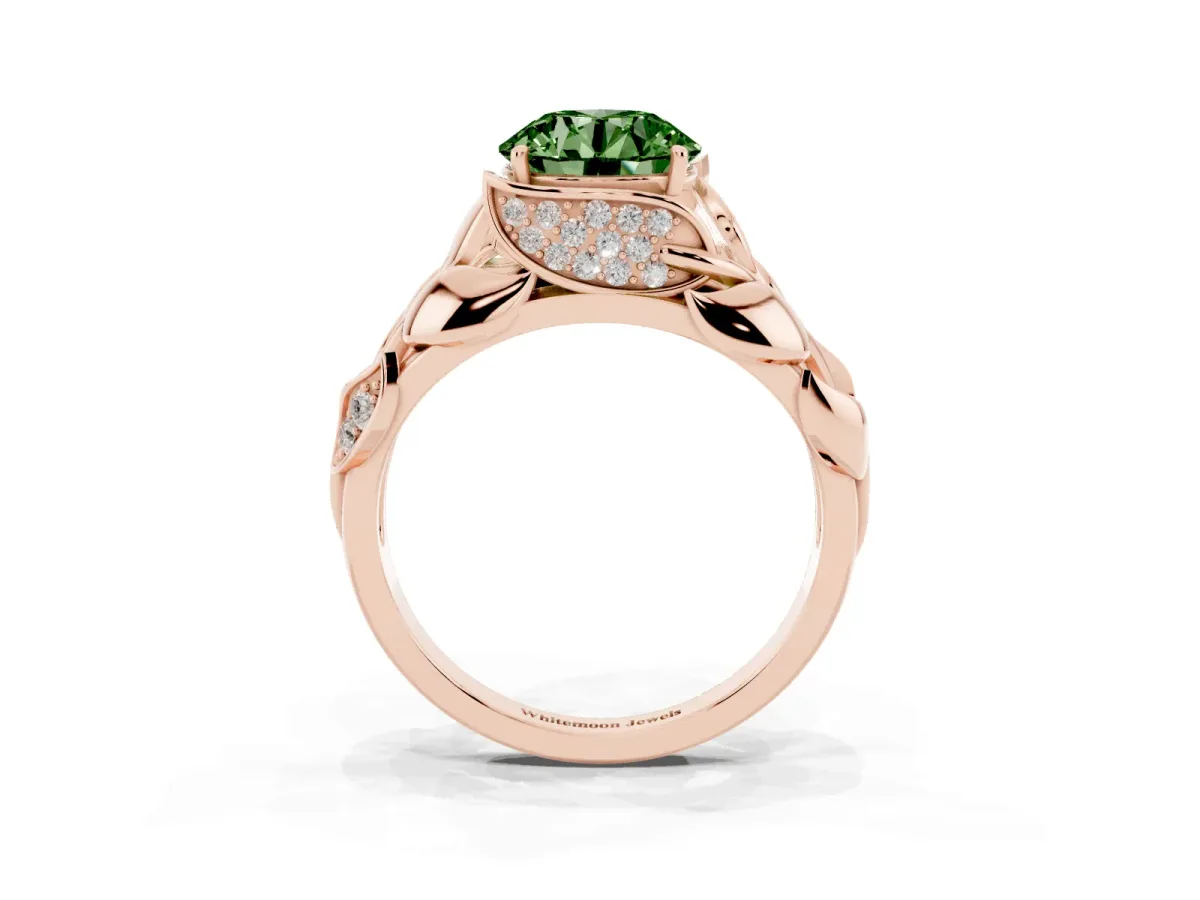 Fancy Green Round Cut Diamond Leaf-Inspired Engagement Ring with Round Accents and Prong Setting Rose gold