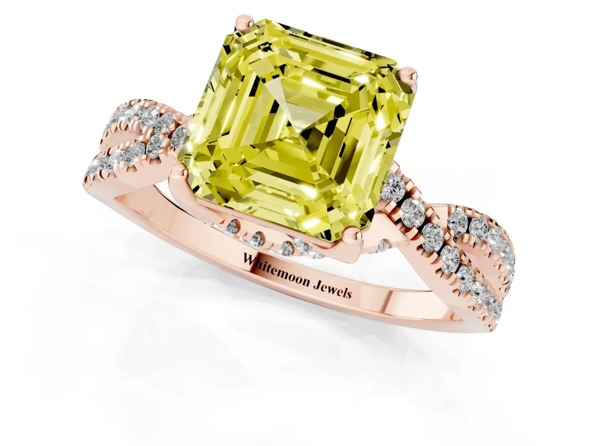 Fancy Yellow Asscher Cut Solitaire Twist Pave Diamond Engagement Ring with Prong Setting Rose gold