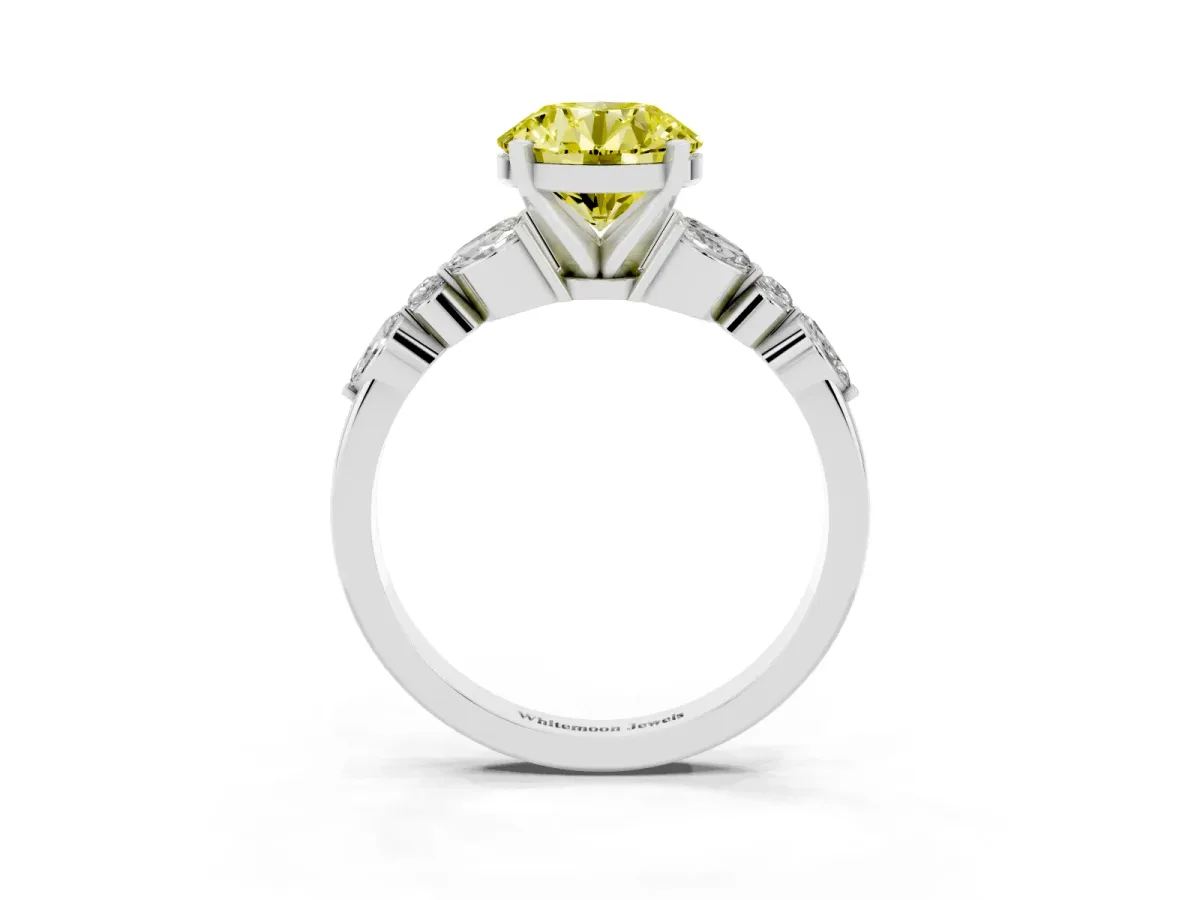 Fancy Yellow Round Cut Diamond Solitaire Ring with Side Stones and Four-Prong Setting Platinum