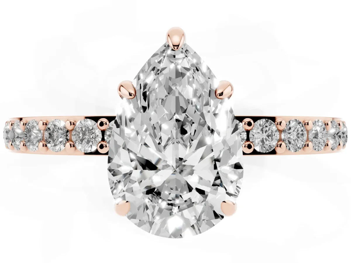 Pear Cut Diamond Pavé Engagement Ring with Round Accents and Prong Setting Rose gold