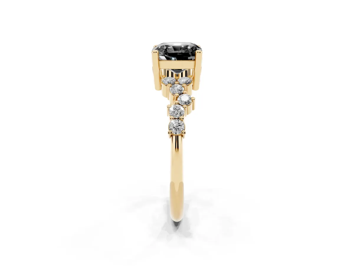 Fancy Black Cushion Cut Diamond Scattered Round Accent Ring with Prong Setting Yellow gold