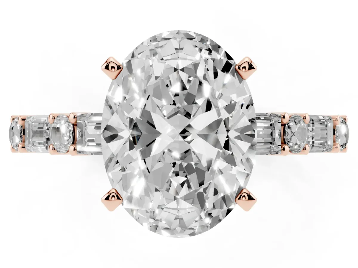 Oval Cut Diamond Solitaire with Side Baguettes and Channel Set Band Rose gold