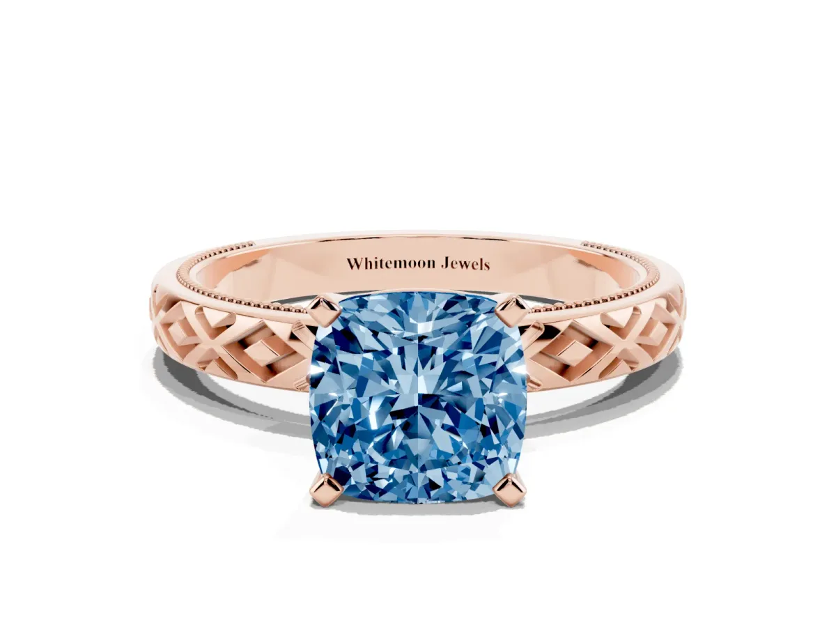 Fancy Blue Cushion Cut Solitaire Diamond Ring with Milgrain and Black Enamel X Pattern Band Rose gold