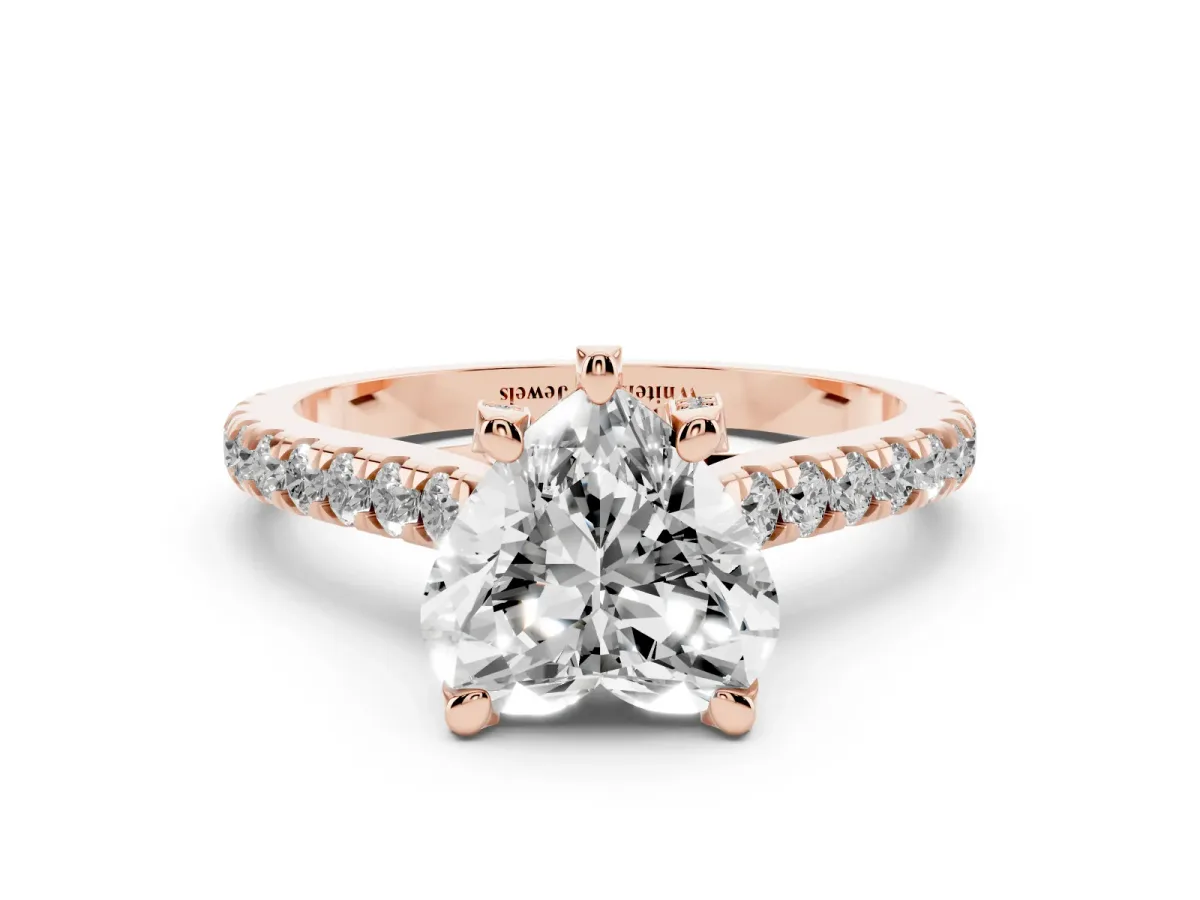 Heart Cut Brilliant Diamond Solitaire with Pavé Band and Four-Prong Setting Rose gold