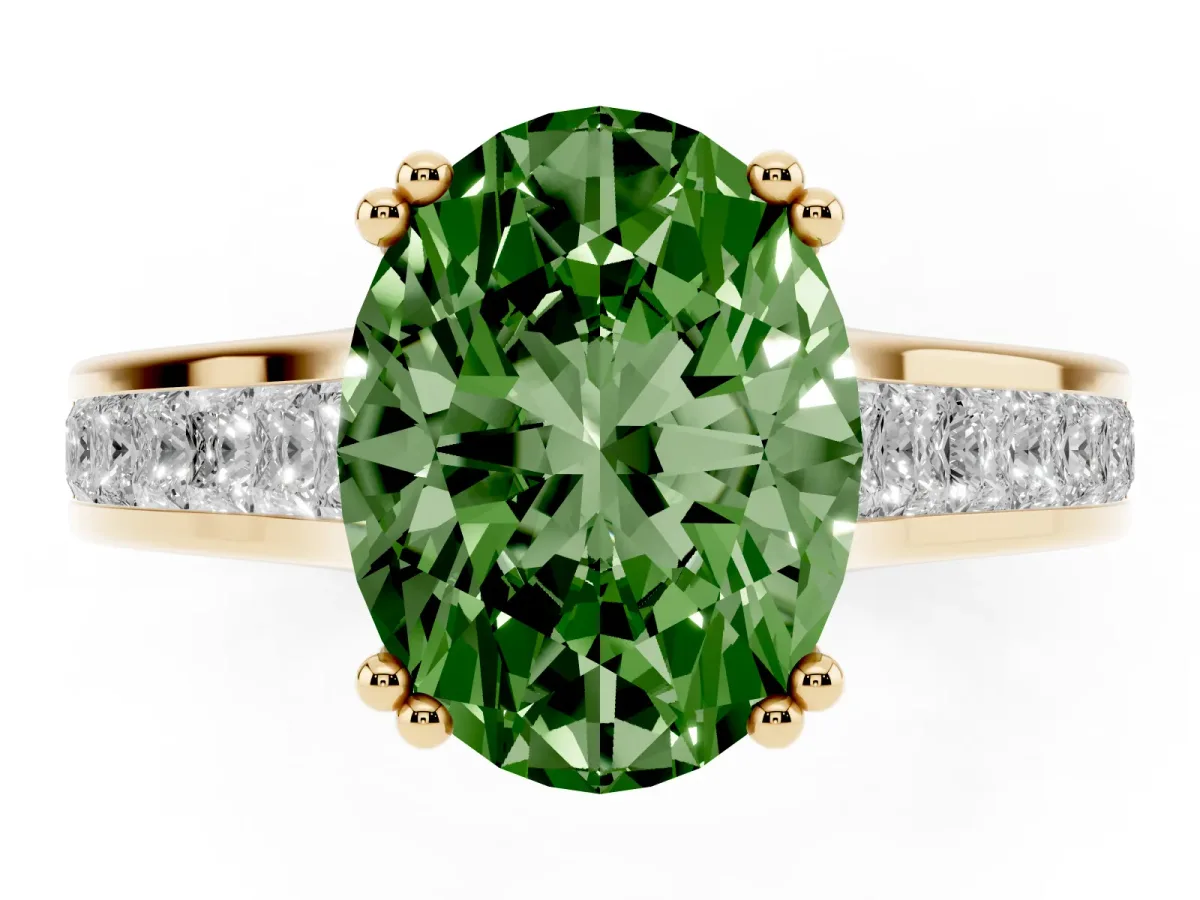 Fancy Green Oval Cut Cut Channel Set Solitaire Engagement Ring with Prong Setting Yellow gold